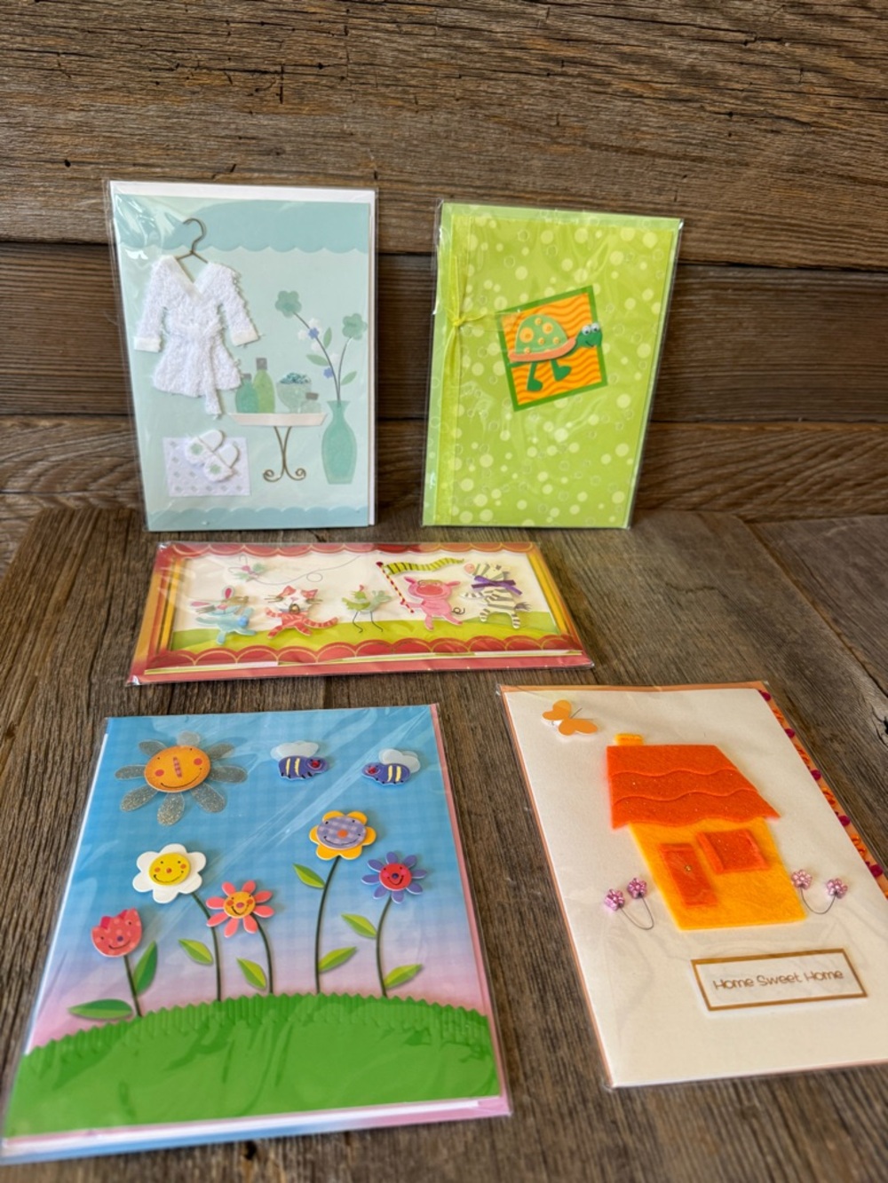 Set of 6 Vintage 3D  Greeting Cards - Floral, House & Fun Designs